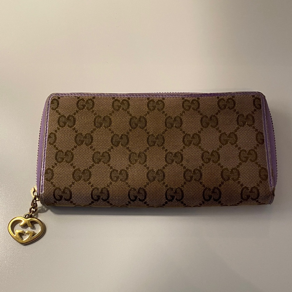 Authentic Gucci Canvas and Purple Metallic Leather Zippy Wallet with Heart Charm